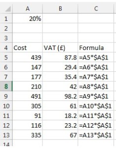 Formula showing use of absolute reference