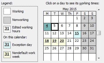 Calendar showing working/non-working and edited times
